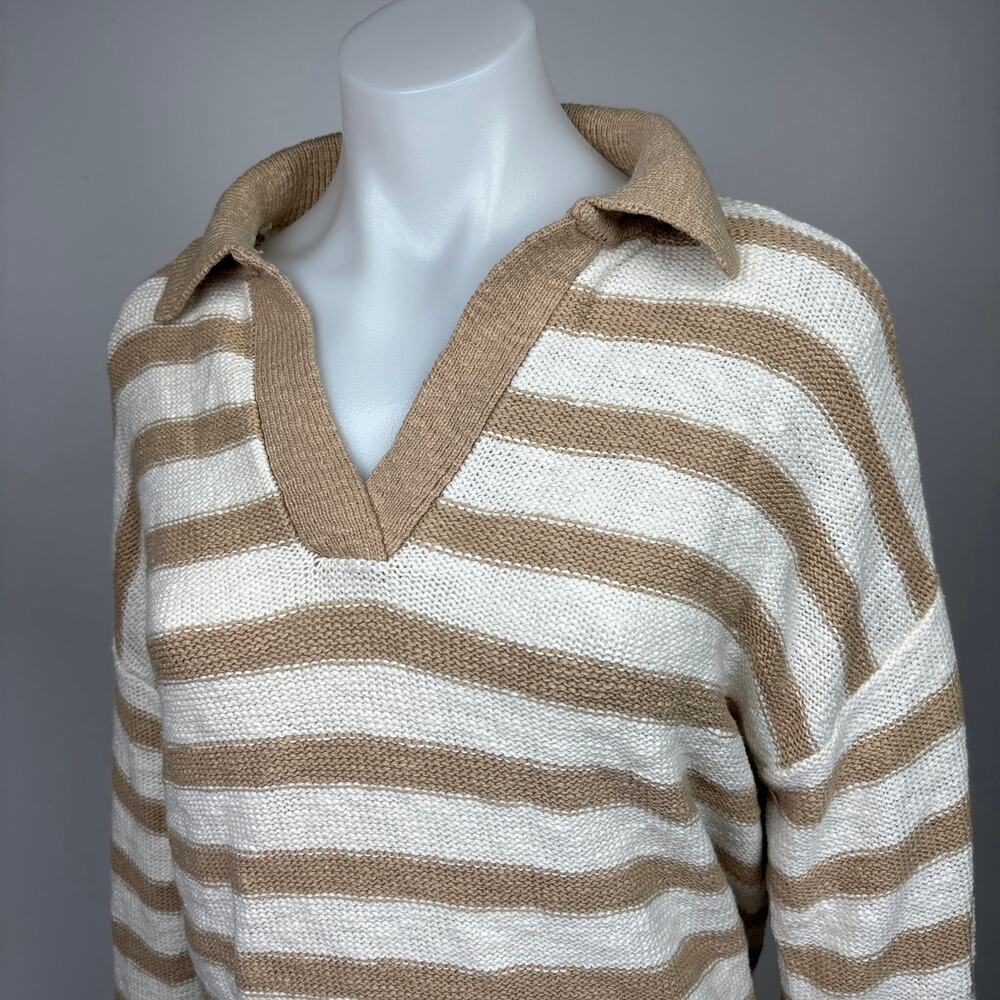 Sonoma Brown Beige Striped Print Cotton Collar Long Sleeve Sweater Top Size M - Picture 4 of 8
